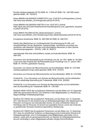 69
Bundes-Verfassungsgesetz (B-VG) BGBl. Nr. 1/1930 idF BGBl. I Nr. 194/1999 zuletzt
geändert BGBl. I Nr. 102/2014.
Erlass BMASK-435.006/0005-VI/AMR/7/2012 vom 14.06.2012 (Lehrlingserlass), [online]
http://www.asyl.at/fakten_2/Lehrlingserlass.pdf [20.04.2014].
Erlass BMASK-435.006/0005-VI/B/7/2013 vom 18.03.2013, [online]
https://www.wko.at/Content.Node/branchen/ooe/Altersgrenze_fuer_jugendliche_Asylwerb
er.pdf [07.09.2014].
Erlass BMWA-435.006/6-II/7/04 („Bartensteinerlass“), [online]
http://www.asyl.at/fakten_2/EU-Erweiterungs-Erlass_Bartensteinerlass.pdf [20.04.2014].
Europäische Sozialcharta: BGBl. Nr. 460/1969 idF BGBl. Nr. 284/1970.
Gesetz über Maßnahmen zur vorübergehenden Grundversorgung für hilfs- und
schutzbedürftige Fremde (Asylwerber, Asylberechtigte, Vertriebene und andere aus
rechtlichen oder faktischen Gründen nicht abschiebbare Menschen) in Wien (Wiener
Grundversorgungsgesetz – WGVG): LGBl. Nr. 56/2010.
Internationaler Pakt über wirtschaftliche, soziale und kulturelle Rechte: BGBl. Nr.
590/1978.
Konvention über die Rechtsstellung der Flüchtlinge vom 28. Juli 1951, BGBl. Nr. 55/1955,
in der durch das Protokoll über die Rechtsstellung der Flüchtlinge vom 31. Jänner 1967,
BGBl. Nr. 78/1974, geänderten Fassung.
Konvention zum Schutz der Menschenrechte und Grundfreiheiten: BGBl. Nr. 210/1958
(Verfassungsbestimmung) zuletzt geändert: BGBl. III Nr. 47/2010.
Konvention zum Schutze der Menschenrechte und Grundfreiheiten, BGBl. Nr. 210/1958.
Protokoll Nr. 13 zur Konvention zum Schutze der Menschenrechte und Grundfreiheiten
über die vollständige Abschaffung der Todesstrafe: BGBl. III Nr. 22/2005.
Protokoll Nr. 6 zur Konvention zum Schutze der Menschenrechte und Grundfreiheiten
über die Abschaffung der Todesstrafe: BGBl. Nr. 138/1985.
Richtlinie 2008/115/EG des europäischen Parlaments und des Rates vom 16. Dezember
2008 über gemeinsame Normen und Verfahren in den Mitgliedstaaten zur Rückführung
illegal aufhältiger Drittstaatsangehöriger.
Richtlinie 2011/95/EU des europäischen Parlaments und des Rates vom 13. Dezember
2011 über Normen für die Anerkennung von Drittstaatsangehörigen oder Staatenlosen als
Personen mit Anspruch auf internationalen Schutz, für einen einheitlichen Status für
Flüchtlinge oder für Personen mit Anrecht auf subsidiären Schutz und für den Inhalt des
zu gewährenden Schutzes (Anerkennungsrichtlinie, Neufassung).
Richtlinie 2011/98/EU des Europäischen Parlaments und des Rates vom 13. Dezember
2011 über ein einheitliches Verfahren zur Beantragung einer kombinierten Erlaubnis für
Drittstaatsangehörige, sich im Hoheitsgebiet eines Mitgliedstaats aufzuhalten und zu
arbeiten, sowie über ein gemeinsames Bündel von Rechten für Drittstaatsarbeitnehmer,
die sich rechtmäßig in einem Mitgliedstaat aufhalten (Single-Permit-Richtlinie).
 