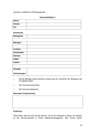 72
Anhang 2: Leitfaden für Flüchtlingsberater
Interviewleitfaden 1
Datum:
Uhrzeit:
Ort:
Anwesende:
Befragende:
Befragter:
Funktion:
Arbeitsstelle:
Adresse:
E-Mail:
Telefon:
Sonstige
/Anmerkungen:
□ Der/die Befragte erteilt seine/ihre Zustimmung zur Aufnahme der Befragung auf
ein digitales Gerät.
□ Der Text wird anonymisiert.
□ Der Text wird aufbewahrt.
Besondere Vorkommnisse:
Einleitung:
Vielen Dank, dass Sie sich die Zeit nehmen, mit mir ein Gespräch zu führen. Ich studiere
an der Donauuniversität in Krems Migrationsmanagement. Das Thema meiner
 