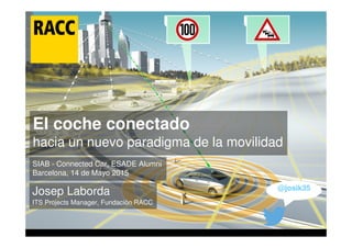 El coche conectado
hacia un nuevo paradigma de la movilidad
SIAB - Connected Car, ESADE Alumni
Barcelona, 14 de Mayo 2015
Josep Laborda
ITS Projects Manager, Fundación RACC
@josik35
 