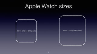 Apple Watch sizes
38mm (272-by-340 pixels) 42mm (312-by-390 pixels)
6
 