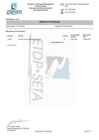 Seta Reassessment Form Example Assessor statement of results | PDF