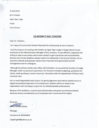 Ugezi Tiger Lodge  reference letter