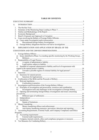 3
TABLE OF CONTENTS
EXECUTIVE SUMMARY........................................................................................................... 5
A. INTRODUCTION.............................................................................................................. 7
1. The On-Site Visit................................................................................................................ 7
2. Summary of the Monitoring Steps Leading to Phase 3...................................................... 7
3. Outline and Methodology of the Report............................................................................. 7
4. Economic Background ....................................................................................................... 8
5. Brazil’s Exposure and Approach to Corruption ................................................................. 9
6. Cases involving the Bribery of Foreign Public Officials.................................................... 9
a) Cases under investigation and/or prosecution............................................................... 10
b) Discontinued foreign bribery investigations ........................................................... 11
c) Foreign bribery allegations that have not led to investigations .................................... 11
B. IMPLEMENTATION AND APPLICATION BY BRAZIL OF THE
CONVENTION AND THE 2009 RECOMMENDATIONS...................................................... 13
1. Foreign Bribery Offence................................................................................................... 13
a) Issues identified in Phase 2 as needing specific monitoring by the Working Group.... 14
b) Defences.................................................................................................................. 16
2. Responsibility of Legal Persons ....................................................................................... 16
a) A regime of administrative liability ........................................................................ 17
b) Legal entities subject to liability ............................................................................. 18
c) Standard of corporate administrative liability and level of requirement with
regard to the natural person’s liability ................................................................................. 18
d) Towards a possible regime of criminal liability for legal persons?......................... 21
3. Sanctions .......................................................................................................................... 23
a) Sanctions for natural persons........................................................................................ 23
b) Sanctions for legal persons...................................................................................... 24
4. Confiscation of the Bribe and the Proceeds of Bribery.................................................... 30
a) Relevant legislation....................................................................................................... 30
b) Confiscation in practice........................................................................................... 31
5. Investigation and Prosecution of the Foreign Bribery Offence........................................ 32
a) Principles of investigation and prosecution, resources and coordination ..................... 32
b) Investigation tools and challenges in the investigation of foreign bribery.............. 35
c) Opening and terminating foreign bribery investigations and issues concerning
pro-activity........................................................................................................................... 37
d) Different types of settlements.................................................................................. 40
e) Independence ................................................................................................................ 42
f) Jurisdiction.................................................................................................................... 44
g) Statute of limitations ............................................................................................... 45
6. Money Laundering ........................................................................................................... 47
a) Money laundering offence and enforcement........................................................... 47
b) Anti-money laundering measures: prevention, detection and reporting.................. 48
7. Accounting Requirements, External Audit, and Company Compliance and Ethics
Programs.................................................................................................................................. 49
a) Accounting requirements.............................................................................................. 49
b) External audit requirements..................................................................................... 51
c) Company internal controls, ethics and compliance programs or measures .................. 53
8. Tax Measures for Combating Bribery.............................................................................. 55
 