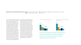 12
After recognizing why non-FinTech
users do not use FinTech, and seeing
their interest in adopting it over
the next year, EVP asked non-Fin-
Tech users why they chose to stick
to traditional banking. Permitted
to select more than one response,
37% said that the reason they do
not use FinTech is that they were
not previously aware of its exis-
tence. Reinforcing the importance
of increasing awareness and under-
standing of FinTech so that indi-
viduals are in an informed position
and can make better financial deci-
sions for themselves. The second
most popular reason for not using
FinTech is that 23% of non-FinTech
users believe they do not have a
use for it. Increased understanding
of FinTech services available will
help resolve the misapprehension
these individuals currently have for
FinTech and their use for it. Once
FinTech becomes more common-
place, reluctant perceptions such
as not having a use for it will dissi-
pate and consumer adoption rates
will increase. The third most popular
reason is that 17% of non-FinTech
users prefer traditional banking and
service providers. Preferring a tradi-
tional bank to a FinTech provider
is not a reason to not use FinTech,
but rather an indicator that there
is a barrier to understanding what
FinTech is and who can provide it.
FinTech can be an online platform
offered through a consumer’s tradi-
tional bank or service provider.
“Once FinTech becomes more commonplace,
reluctant perceptions such as not having
a use for it will dissipate and consumer
adoption rates will increase.”
Was not previously aware of Fintech	 Do not have need for it	 Prefer traditional bank and service providers	
Do not understand how it works		 Do not trust it	
Why do you not use a FinTech product and/or service?
37+23+17+12+12 44+22+9+14+1137%
44%
23% 22%
17%
9%
12% 14%12% 11%
All Non-FinTech User Respondents (n=292) Millennial Non-FinTech User Respondents
(18-35 yo) (n=118)
 