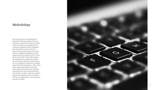 19
This report gives a comprehensive
look at the data and trends covering
FinTech in Canada. The data set collect-
ed for this report was gathered from
a random sampling of 400 Canadians,
who answered a series of 33 ques-
tions reviewing their experience with
FinTech, traditional banking, and the
financial services industry. For a confi-
dence level of 95% with a 50% chance
the sample picks a particular answer
(accounting for the worst-case scenar-
io), the confidence interval for a sample
size of 400, 292 and 108 are ± 4.9%, ±5.7%,
±9.4% respectively. When using the
information from this report, individu-
als assume the risk of misrepresenta-
tion of data. As data is split into smaller
groups, the margin for error increases.
EVP is not responsible for any misrepre-
sentation of data.
Methodology
 