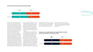 7
Those who use FinTech products
and services were asked, “Do you
trust FinTech more than tradition-
al banking?” 53% responded “yes.”
While there is little statistical differ-
ence in the level of trust between
Boomers, Gen X, and Generation Z
(Gen Z), the Millennials account-
ed for 49% of those who trust
FinTech over traditional bank-
ing. These statistics are expected
as they support the fact that most
Millennials have grown up with
readily available technology. While
Gen Z grew up with a strong tech-
nological presence, they have had
little experience dealing with finan-
cial services, and therefore are not
expected to have the same utility for
FinTech products as Millennials. As
they age and begin to use financial
services more frequently, it is fore-
seeable that their adoption rates
could quickly overpower those of
Millennials. Alternatively, Gen X
display cynicism regarding finan-
cial services demonstrating they
do not yet trust this new method of
banking.
Of the sample surveyed, 57% of
FinTech users responded that they
would consider abandoning tradi-
tional banking if all necessary
financial services were available.
Millennials accounted for half of
those willing to break away. Over the
next few decades, the wealth accu-
mulated by both Gen X and Boomer
cohorts will transfer to Millennials
and Gen Z. This shift in wealth will
facilitate a significant change in
banking preferences and consumers’
willingness to switch to accessible
online platforms. Traditional banks
who do not adopt to this new stan-
dard of technology will witness
their customer pools shrink, and
their users will migrate to those who
have taken advantage of this market
opportunity.
All
All
Millennials
Millennials
Do You Trust Your Fintech Providers More Than Your Bank?	
Yes
Yes
No
No
Would you ever completely abandon your traditional bank for a FinTech
provider if all necessary services where provided?	
530+470+=
610+390=
570+430+=
580+420=
43%
42%
47%
39%
57%
58%
53%
61%
 