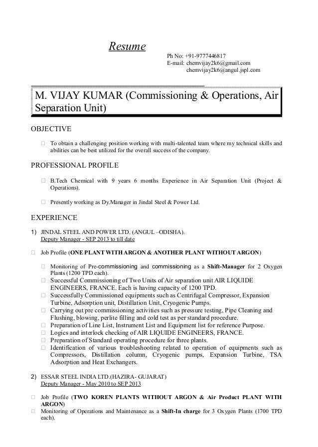 m vijay kumar commissioning operations air separation unit
