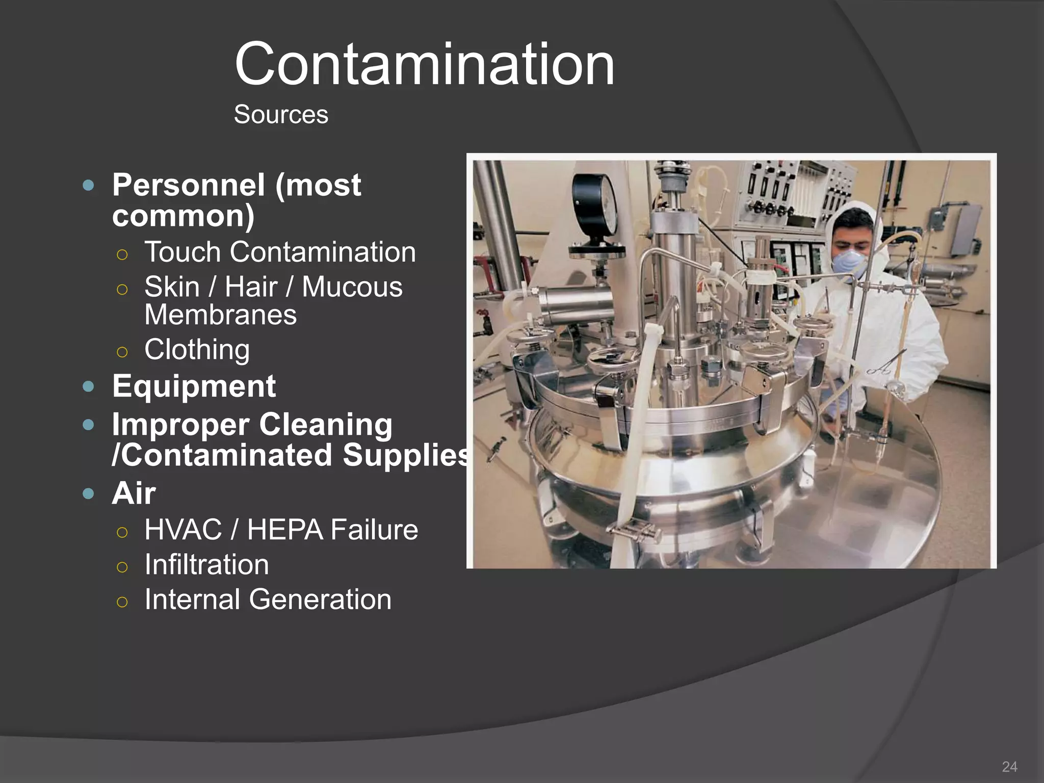 Contamination
Sources
 Personnel (most
common)
○ Touch Contamination
○ Skin / Hair / Mucous
Membranes
○ Clothing
 Equipment
 Improper Cleaning
/Contaminated Supplies
 Air
○ HVAC / HEPA Failure
○ Infiltration
○ Internal Generation
24
 