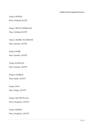 Abdel Alwahab Megahed Mansour
Page 2
Project: HONDA
Place: PortSaid, EGYPT
Project: TRUST CHEMICALS
Place: PortSaid, EGYPT
Project: ARABIC ALUMINUM
Place: Ismailia , EGYPT
Project: ENBIE
Place: Ismailia , EGYPT
Project: KAWLINA
Place: Ismailia , EGYPT
Project: UN(MFO)
Place: Rafah , EGYPT
Project: SAFY
Place: Safaga , EGYPT
Project: HILTON PLAZA
Place: Hurghada , EGYPT
Project: GRIESH
Place: Hurghada , EGYPT
 