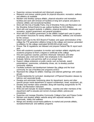  Supervise campus recreational and intramural programs
 Research and pursue outside grants for physical education, recreation, wellness
and athletics as available
 Maintain and develop campus athletic, physical education and recreation
facilities and work with Director of Facilities on long term projects and plans to
enhance athletic and recreational facilities
 Work with the City of Seattle Parks, City of Shoreline Parks and Recreation and
the Shoreline School District to use outdoor facilities for SCC Athletics
 Work with and support students in athletics, physical education, intramurals and
recreation, student government and general population
 Work with SCC student government on the athletic budget each year to garner
and maintain resources for varsity athletics, intramurals, wellness and recreation
for the campus
 Report each year to the SCC Board of Trustees and upper administration of the
college the FTE generation athletics brings to the college and revenue generated
by athletics for the college (estimated $4,000,000 at last count)
 Ensure Title IX regulations are followed and prepare Federal Title IX report each
year
 Work with academic counselors to monitor and maintain athletic eligibility and
academic progress to finish a degree or certificate at the college
 Hire and supervise coaches, part-time intramural instructors and other
employees plus orient and mentor new employees to the department
 Evaluate full-time and part-time staff on an annual basis
 Support college endeavors at public events such as festivals, award
presentations, ceremonies, scholarship drives, etc. to develop positive
community relations
 Facilitate contracts and development between the college and the local
community for use of facilities and programs at SCC
 Represent the college for athletic meetings and external gatherings with outside
groups
 Provide leadership for curriculum development of Physical Education classes by
full-time and associate faculty
 Develop and administer fundraising plans for department, teams and other
specific groups inside department to support scholarships, travel, equipment, etc.
 Develop and maintain class schedules along with teaching assignments for PE
faculty and Recreation instructors
 Write and edit manuals for student-athletes, coaches and other members of the
department staff to educate and remind of proper athletic policies and
procedures
 Supervise and manage Shoreline Community College’s Gym and Fitness Center
 Maintain and develop athletic website along with separate websites for
intramurals, vitality and wellness
 Mange and develop social media platforms to market and promote athletic,
recreation/intramural and wellness programs
 