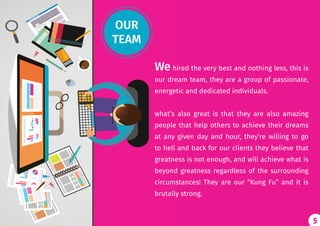 5
We hired the very best and nothing less, this is
our dream team, they are a group of passionate,
energetic and dedicated individuals.
what’s also great is that they are also amazing
people that help others to achieve their dreams
at any given day and hour, they’re willing to go
to hell and back for our clients they believe that
greatness is not enough, and will achieve what is
beyond greatness regardless of the surrounding
circumstances! They are our “Kung Fu” and it is
brutally strong.
5
OUR
TEAM
 