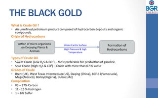 THE BLACK GOLD
What	is	Crude	Oil	?	
•  An	unreﬁned	petroleum	product	composed	of	hydrocarbon	deposits	and	organic	
compounds.		
Origin	of	Hydrocarbons		
	
	
Types	of	Crude	Oil		
•  Sweet	Crude	(Low	H2S	&	CO2)	–	Most	preferable	for	producDon	of	gasoline.		
•  Sour	Crude	(High	H2S	&	CO2)	–	Crude	with	more	than	0.5%	sulfur			
Grades	of	Crude		
•  Brent(UK),	West	Texas	Intermediate(US),	Daqing	(China),	BCF-17(Venezuela),	
Maga(Mexico),	Bonny(Nigeria),	Dubai(UAE)			
Composi<on	
•  83	–	87%	Carbon	
•  11	-	15	%	Hydrogen	
•  1	–	6%	Sulfur	
AcDon	of	micro-organisms	
on	Decaying	Plants	&	
Animals	
FormaDon	of	
Hydrocarbons		High	Pressure	&	high	
Temperature	
Under	Earths	Surface	
 