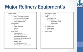 Major Refinery Equipment’s
•  Pressure vessels
•  Heat exchangers
•  Shell & Tube Heat Exchangers
•  Plate & Frame Heat exchangers
•  Air cooled heat exchanger
•  Double Pipe exchanger
•  Process Vessels
•  Drums
•  Gravity Separators
•  Column
•  Reactor
•  Storage Tanks
•  Fixed-roof tanks
•  External floating roof tanks
•  Internal floating roof tanks
•  Domed external floating roof tanks
•  Horizontal tanks
•  Pressure tanks
•  Variable vapor space tanks
•  LNG (Liquefied Natural Gas) tanks
•  Fired heaters / Furnace   
•  Piping system & Valves
•  Pumps
•  Centrifugal Pumps
•  Positive Displacement pumps
•  Reciprocating pumps
•  Rotary Pumps
•  Compressors
•  Reciprocating
•  Rotary Screw
•  Rotary Centrifugal
•  Cooling Towers
 