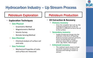 Hydrocarbon Industry – Up Stream Process
Petroleum Exploration
•  Explora<on	Techniques	
•  Geo	Physical	
•  Gravimetric	Method	
•  Magnetometric	Method	
•  Seismic	Survey	
•  Remote	Sensing	Method	
•  Geo	Chemical	
•  Chemical	analysis	of	surface	soil	
and	rocks	
•  Geo	Technical	
•  Mechanical	ProperDes	of	rocks	
and	surface	are	measured	
Petroleum Production
•  Oil	Extrac<on	&	Recovery	
•  Primary	recovery	
•  Once	the	complete	rig	is	set-up,	the	
underground	pressure	in	the	oil	
reservoir	is	suﬃcient	to	force	the	oil	
to	the	surface.	
•  Secondary	recovery	
•  Supply	of	external	energy	into	the	
reservoir	in	the	form	of	injecDng	
ﬂuids	to	increase	reservoir	pressure,	
hence	increasing	the	natural	
reservoir	drive	with	an	arDﬁcial	
drive.	(eg.	Water,	Natural	gas)	
•  Enhanced	recovery	
•  This	method	injects	steam	to	heat	
up	oil	the	reservoir	to	reduce	its	
viscosity	and	making	it	easier	to	
extract.
 