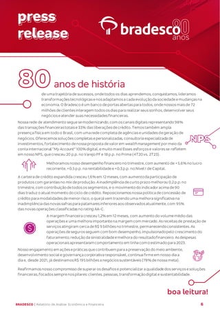 BRADESCO | Relatório de Análise Econômica e Financeira 8
BRADESCO | Relatório de Análise Econômica e Financeira 6
boa leitura!
anos de história
de uma trajetória desucessos,ondetodosos dias aprendemos,conquistamos,lideramos
transformaçõestecnológicasenosadaptamosa cada evoluçãoda sociedadeemudançasna
economia.O Bradesco éum banco deportasabertaspara todos,ondenossosmaisde 72
milhõesdeclientesinteragem todososdiaspara realizar seussonhos,desenvolver seus
negócioseatender suasnecessidadesfinanceiras.
Nossa rede de atendimento seguesemodernizando,com oscanaisdigitaisrepresentando 98%
das transaçõesfinanceirastotaise 33% das liberaçõesdecrédito.Temostambém ampla
presença física em todo o Brasil,com uma redecompleta deagênciaseunidadesdegeração de
negócios.Oferecemossoluçõescompletasepersonalizadas,consultoria especializada de
investimentos,fortalecimento denossa proposta devalor em wealthmanagement por meio da
conta internacional “My Account”100%digital,emuito mais!Esses esforçose valoresse refletem
em nosso NPS,quecresceu 20 p.p. no Varejo PFe 18 p.p. no Prime(4T20vs. 2T23).
Melhoramosnosso desempenho financeiro no trimestre,com aumento de +5,6%no lucro
recorrente,+0,5p.p. na rentabilidade e+0,3p.p. no Nível I deCapital.
A carteira de crédito expandida cresceu 1,6%em 12meses,com aumentoda participação de
produtoscom garantiasno mix deprodução.Ainadimplência decurto prazo melhorou 0,2p.p.no
trimestre,com contribuiçãodetodosossegmentos,e o movimento do indicador acima de90
dias traduz o atual momento do ciclo decrédito.Reposicionamosnossa política deconcessão de
crédito para modalidadesdemenor risco, o quejá vem trazendo uma melhora significativa na
inadimplência dasnovassafraspara patamaresinferioresaosobservadosatualmente,com 95%
das novasoperaçõesclassificadasno rating AA-C.
A margem financeira cresceu 1,2%em 12 meses, com aumento do volumemédio das
operaçõese uma melhora importantena margem com mercado.Asreceitasde prestação de
serviçosatingiram cerca deR$ 9 bilhõesno trimestre, permanecendoconsistentes.As
operaçõesdesegurosseguem com bom desempenho,impulsionadopelo crescimento do
faturamento,redução da sinistralidadeemelhora do resultadofinanceiro. Asdespesas
operacionaisapresentaramcomportamento em linha como estimado para 2023.
Nosso engajamento em açõesepráticasquecontribuem para a preservação do meio ambiente,
desenvolvimento social egovernança corporativa responsável,continua firmeem nosso dia a
dia e, desde 2021, já destinamosR$ 195bilhõesa negóciossustentáveis(78%denossa meta).
Reafirmamosnosso compromisso desuperarosdesafiose potencializar a qualidadedosserviçosesoluções
financeiras,focadossemprenospilares:clientes,pessoas,transformaçãodigital esustentabilidade.
 