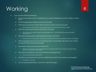 Working
 Can we articulate the following
 Which process play a role in addressing the overall challenges and which will be covered
now?
 What the guiding principles are for each process?
 What key success factors (CSF, KPI) should be in place for each process?
 Do we have key use cases that cross processes and track success factors for those as well?
 What the major inputs/outputs are for each process?
 Do we know which systems, people, roles, applications, etc… are responsible for ensuring the proper
information flow
 What technology will be supporting each process and how?
 Do we have a list of data types, sources, and connections between them mapped to specific technologies
 What organizational structure (and resulting roles and expertise) will need to be in place
to support all the required processes?
 How will the various processes be rolled out?
 Assuming we are using a spiral based approach to helping the client reach a level of on-going maturity
improve… what are the various steps?
 The impact that specific processes will have on all audiences?
 Do we have all audiences identified?
 Are there any standard documents or artifacts that need to be created or leveraged?
 For example – Pink Atlas
 Can we specifically identify “quick wins” (see next page)
© 2015 David A Messineo
ideasthatwork@outlook.com
6
 