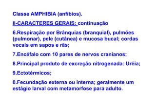 Classe AMPHIBIA (anfíbios).
II-CARACTERES GERAIS: continuação
6.Respiração por Brânquias (branquial), pulmões
(pulmonar), pele (cutânea) e mucosa bucal; cordas
vocais em sapos e rãs;
7.Encéfalo com 10 pares de nervos cranianos;
8.Principal produto de excreção nitrogenada: Uréia;
9.Ectotérmicos;
0.Fecundação externa ou interna; geralmente um
estágio larval com metamorfose para adulto.
 