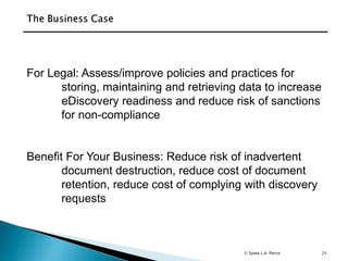 25
For Legal: Assess/improve policies and practices for
storing, maintaining and retrieving data to increase
eDiscovery readiness and reduce risk of sanctions
for non-compliance
Benefit For Your Business: Reduce risk of inadvertent
document destruction, reduce cost of document
retention, reduce cost of complying with discovery
requests
© Spiwe L.A. Pierce
 