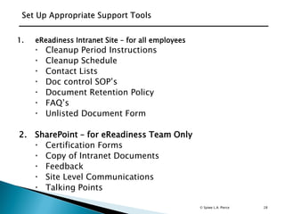 28
1. eReadiness Intranet Site – for all employees
 Cleanup Period Instructions
 Cleanup Schedule
 Contact Lists
 Doc control SOP’s
 Document Retention Policy
 FAQ’s
 Unlisted Document Form
2. SharePoint – for eReadiness Team Only
 Certification Forms
 Copy of Intranet Documents
 Feedback
 Site Level Communications
 Talking Points
© Spiwe L.A. Pierce
 
