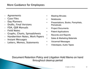 32
• Agreements
• Case Files
• Day Planners
• Drafts, Final Versions
• FDA, QSR Manuals
• Field Notes
• Graphs, Charts, Spreadsheets
• Handwritten Notes, Work Papers
• Instant Messages
• Letters, Memos, Statements
• Meeting Minutes
• Notebooks
• Presentations, Books, Pamphlets,
Periodicals
• Project Documents
• Patent Applications
• Records and Reports
• Sales & Marketing Materials
• Voicemail Messages
• Videotapes, Audio Tapes
Document Retention Policy and Litigation Hold Memo on hand
throughout cleanup period
© Spiwe L.A. Pierce
 