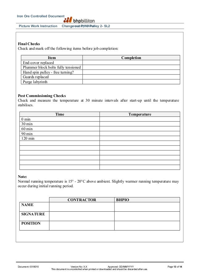 change out p119 pulley 2 job completion sign off form