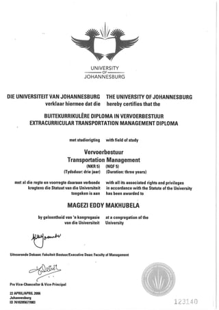 Eddy Makhubela Qualifications Certificates