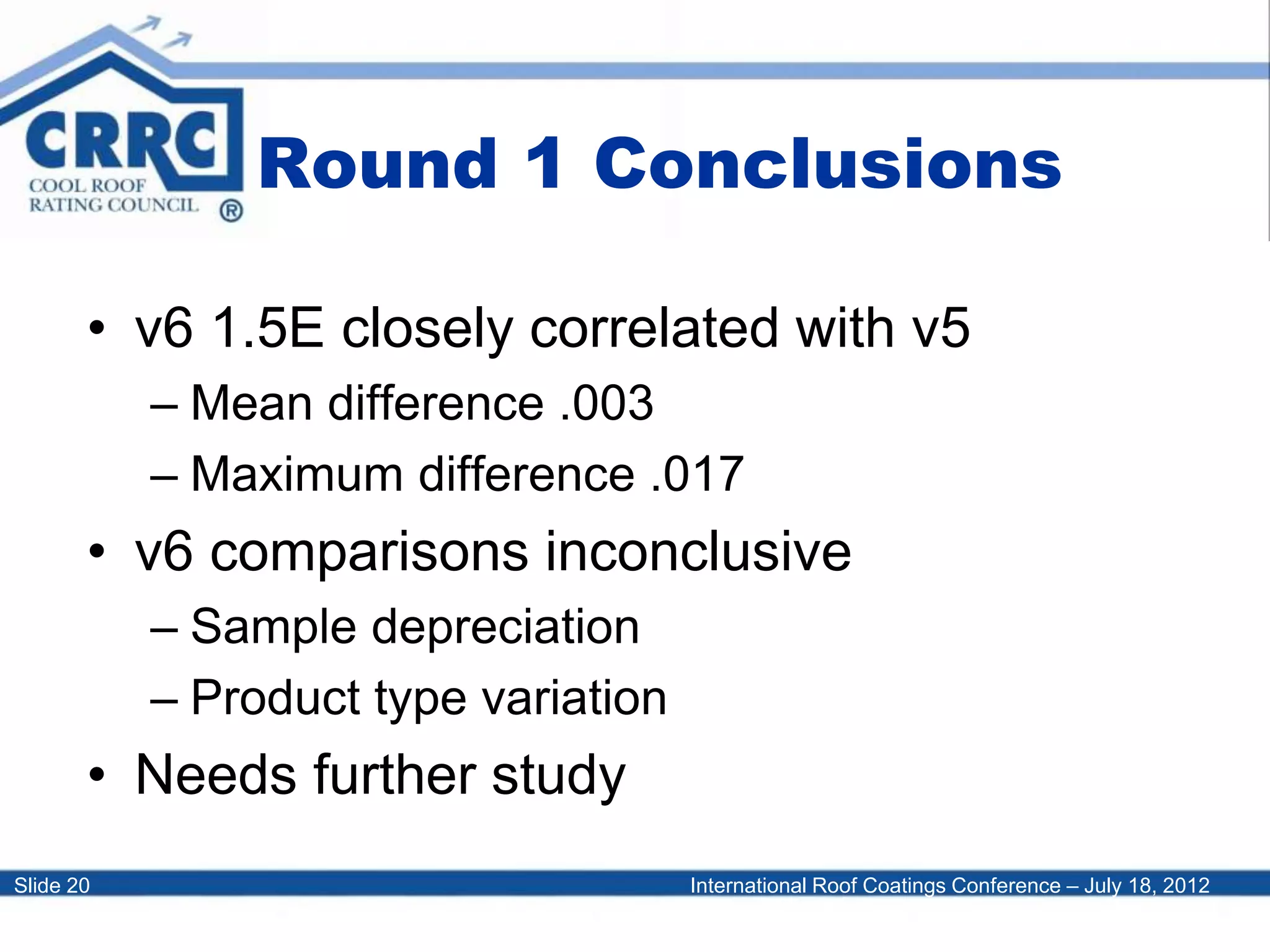 International Roof Coatings Conference – July 18, 2012Slide 20
Round 1 Conclusions
• v6 1.5E closely correlated with v5
– Mean difference .003
– Maximum difference .017
• v6 comparisons inconclusive
– Sample depreciation
– Product type variation
• Needs further study
 
