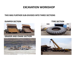 EXCAVATION WORKSHOP
THIS WAS FURTHER SUB-DIVIDED INTO THREE SECTIONS
DUMPER SECTION TYRE SECTION
GRADER AND CRANE SECTION
 