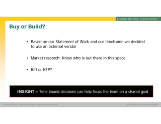 Group Name SOUTHERN CALIFORNIA EDISON
SMSM
SOUTHERN CALIFORNIA EDISON®Michael Manning - Selecting The Right Technology For HR Analytics
Buy or Build?
• Based on our Statement of Work and our timeframe we decided
to use an external vendor
• Market research: Know who is out there in this space
• RFI or RFP?
INSIGHT – Time bound decisions can help focus the team on a shared goal
 
