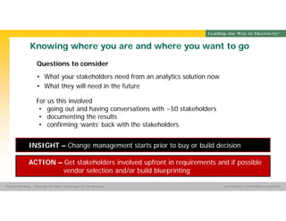 Group Name SOUTHERN CALIFORNIA EDISON
SMSM
SOUTHERN CALIFORNIA EDISON®Michael Manning - Selecting The Right Technology For HR Analytics
ACTION – Get stakeholders involved upfront in requirements and if possible
vendor selection and/or build blueprinting
Knowing where you are and where you want to go
Questions to consider
• What your stakeholders need from an analytics solution now
• What they will need in the future
INSIGHT – Change management starts prior to buy or build decision
For us this involved
• going out and having conversations with ~50 stakeholders
• documenting the results
• confirming ‘wants’ back with the stakeholders
 