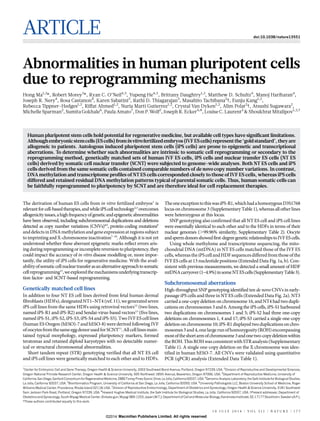 ARTICLE doi:10.1038/nature13551
Abnormalities in human pluripotent cells
due to reprogramming mechanisms
Hong Ma1,2
*, Robert Morey3
*, Ryan C. O’Neil4,5
, Yupeng He4,5
, Brittany Daughtry1,2
, Matthew D. Schultz4
, Manoj Hariharan4
,
Joseph R. Nery4
, Rosa Castanon4
, Karen Sabatini3
, Rathi D. Thiagarajan3
, Masahito Tachibana2
{, Eunju Kang1,2
,
Rebecca Tippner-Hedges1,2
, Riffat Ahmed1,2
, Nuria Marti Gutierrez1,2
, Crystal Van Dyken1,2
, Alim Polat2
{, Atsushi Sugawara2
,
Michelle Sparman2
, SumitaGokhale6
, Paula Amato7
, DonP.Wolf2
, JosephR. Ecker4,8
, LouiseC. Laurent3
& ShoukhratMitalipov1,2,7
Human pluripotent stem cells hold potential for regenerative medicine, but available cell types have significant limitations.
Althoughembryonicstemcells(EScells)frominvitrofertilizedembryos(IVFEScells)representthe‘goldstandard’,theyare
allogeneic to patients. Autologous induced pluripotent stem cells (iPS cells) are prone to epigenetic and transcriptional
aberrations. To determine whether such abnormalities are intrinsic to somatic cell reprogramming or secondary to the
reprogramming method, genetically matched sets of human IVF ES cells, iPS cells and nuclear transfer ES cells (NT ES
cells) derived by somatic cell nuclear transfer (SCNT) were subjected to genome-wide analyses. Both NT ES cells and iPS
cells derived from the same somatic cells contained comparable numbers of de novo copy number variations. In contrast,
DNA methylation and transcriptome profiles of NT ES cells corresponded closely to those of IVF ES cells, whereas iPS cells
differed and retained residual DNA methylation patterns typical of parental somatic cells. Thus, human somatic cells can
be faithfully reprogrammed to pluripotency by SCNT and are therefore ideal for cell replacement therapies.
The derivation of human ES cells from in vitro fertilized embryos1
is
relevantforcell-basedtherapies,andwhileiPScelltechnology2,3
overcomes
allogenicityissues,ahighfrequencyofgeneticandepigeneticabnormalities
have been observed, including subchromosomal duplications and deletions
detected as copy number variations (CNVs)4,5
, protein-coding mutations6
and defectsinDNAmethylationand geneexpressionatregionssubject
to imprinting and X-chromosome inactivation7–10
. Although it is not yet
understood whether these aberrant epigenetic marks reflect errors aris-
ing during reprogramming or incomplete reversion topluripotency, they
could impact the accuracy of in vitro disease modelling or, more impor-
tantly, the utility of iPS cells for regenerative medicine. With the avail-
abilityofsomaticcellnucleartransferasanalternativeapproachtosomatic
cellreprogramming11
,weexploredthemechanismsunderlyingtranscrip-
tion factor- and SCNT-based reprogramming.
Genetically matched cell lines
In addition to four NT ES cell lines derived from fetal human dermal
fibroblasts (HDFs),designatedNT1–NT4(ref. 11),wegeneratedseven
iPS cell lines from the same HDFs using retroviral vectors12
(two lines,
named iPS-R1 and iPS-R2) and Sendai-virus-based vectors13
(five lines,
named iPS-S1,iPS-S2, iPS-S3, iPS-S4and iPS-S5). Two IVF ES cell lines
(human ES Oregon (hESO)-7 and hESO-8) were derived following IVF
ofoocytesfromthesameeggdonorusedforSCNT11
.Allcelllinesmain-
tained typical morphology, expressed pluripotency markers, formed
teratomas and retained diploid karyotypes with no detectable numer-
ical or structural chromosomal abnormalities.
Short tandem repeat (STR) genotyping verified that all NT ES cell
and iPS cell lines were genetically matched to each other and to HDFs.
TheoneexceptiontothiswasiPS-R1,whichhadahomozygousD3S1768
locus on chromosome 3 (Supplementary Table 1), whereas all other lines
were heterozygous at this locus.
SNP genotyping also confirmed that all NT ES cell and iPS cell lines
were essentially identical to each other and to the HDFs in terms of their
nuclear genomes (.99.96% similarity, Supplementary Table 2). Oocyte
andspermdonorsshowedfirst-degreegeneticrelationshipstoIVFEScells.
Using whole methylome and transcriptome sequencing, the mito-
chondrial DNA (mtDNA) in NT ES cells matched those of the IVF ES
cells,whereastheiPScellandHDFsequencesdifferedfromthose ofthe
IVF ES cells at 13 nucleotide positions (Extended Data Fig. 1a, b). Con-
sistent with previous measurements, we detected a small amount of HDF
mtDNAcarryover(1–4.9%)insomeNTEScells(SupplementaryTable3).
Subchromosomal aberrations
High-throughput SNP genotyping identified ten de novo CNVs in early-
passage iPS cells and three in NT ES cells (Extended Data Fig. 2a). NT3
carried a one-copy deletion on chromosome 16, and NT4 had two dupli-
cations on chromosomes 3 and 6. Among the iPS cells, iPS-S1 harboured
two duplications on chromosomes 1 and 5; iPS-S2 had three one-copy
deletions on chromosomes 1, 4 and 17; iPS-S3 carried a single one-copy
deletion on chromosome10; iPS-R1 displayed two duplications on chro-
mosomes3and4,onelargerunofhomozygosity(ROH)encompassing
mostoftheshortarmofchromosome3andonetwo-copydeletionwithin
the ROH.This ROHwasconsistentwith STRanalysis(Supplementary
Table 1). A single one-copy deletion on the X chromosome was iden-
tified in human hESO-7. All CNVs were validated using quantitative
PCR (qPCR) analysis (Extended Data Table 1).
*These authors contributed equally to this work.
1
Center for Embryonic Cell and Gene Therapy, Oregon Health & Science University, 3303 Southwest Bond Avenue, Portland, Oregon 97239, USA. 2
Division of Reproductive and Developmental Sciences,
Oregon National Primate Research Center, Oregon Health & Science University, 505 Northwest 185th Avenue, Beaverton, Oregon 97006, USA. 3
Department of Reproductive Medicine, University of
California,SanDiego, SanfordConsortium for RegenerativeMedicine, 2880Torrey PinesScenicDrive,La Jolla,California92037,USA.4
Genomic AnalysisLaboratory,the Salk Institutefor Biological Studies,
La Jolla, California 92037, USA. 5
Bioinformatics Program, University of California at San Diego, La Jolla, California 92093, USA. 6
University Pathologists LLC, Boston University School of Medicine, Roger
Williams Medical Center, Providence, Rhode Island 02118, USA. 7
Division of Reproductive Endocrinology, Department of Obstetrics and Gynecology, Oregon Health & Science University, 3181 Southwest
Sam Jackson Park Road, Portland, Oregon 97239, USA. 8
Howard Hughes Medical Institute, the Salk Institute for Biological Studies, La Jolla, California 92037, USA. {Present addresses: Department of
Obstetrics and Gynecology, South MiyagiMedical Center, Shibata-gun, Miyagi 989-1253,Japan (M.T.); Departmentof Cell and Molecular Biology, Karolinska Institutet, SE-17177Stockholm, Sweden (A.P.).
1 0 J U L Y 2 0 1 4 | V O L 5 1 1 | N A T U R E | 1 7 7
Macmillan Publishers Limited. All rights reserved©2014
 