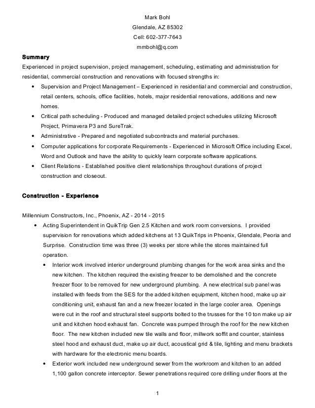 Mark Bohl Resume Supervision, Project Management, Scheduling 040915 2