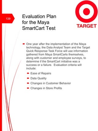 Evaluation Plan
for the Maya
SmartCart Test
 One year after the implementation of the Maya
technology, the Data Analyst Team and the Target
Quick Response Task Force will use information
gathered from Maya SmartCarts themselves,
along with customer and employee surveys, to
determine if the SmartCart initiative was a
success or a failure. Evaluation criteria will
include:
 Ease of Repairs
 Data Quality
 Changes in Customer Behavior
 Changes in Store Profits
139
 