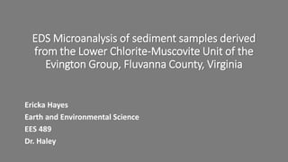 EDS Microanalysis of sediment samples derived
from the Lower Chlorite-Muscovite Unit of the
Evington Group, Fluvanna County, Virginia
Ericka Hayes
Earth and Environmental Science
EES 489
Dr. Haley
 