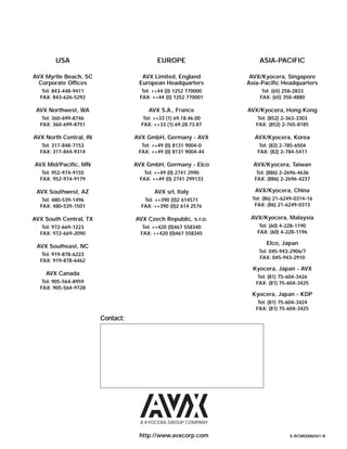 S-RCMD00M301-R
Contact:
USA
AVX Myrtle Beach, SC
Corporate Offices
Tel: 843-448-9411
FAX: 843-626-5292
AVX Northwest, WA
Tel: 360-699-8746
FAX: 360-699-8751
AVX North Central, IN
Tel: 317-848-7153
FAX: 317-844-9314
AVX Mid/Pacific, MN
Tel: 952-974-9155
FAX: 952-974-9179
AVX Southwest, AZ
Tel: 480-539-1496
FAX: 480-539-1501
AVX South Central, TX
Tel: 972-669-1223
FAX: 972-669-2090
AVX Southeast, NC
Tel: 919-878-6223
FAX: 919-878-6462
AVX Canada
Tel: 905-564-8959
FAX: 905-564-9728
EUROPE
AVX Limited, England
European Headquarters
Tel: ++44 (0) 1252 770000
FAX: ++44 (0) 1252 770001
AVX S.A., France
Tel: ++33 (1) 69.18.46.00
FAX: ++33 (1) 69.28.73.87
AVX GmbH, Germany - AVX
Tel: ++49 (0) 8131 9004-0
FAX: ++49 (0) 8131 9004-44
AVX GmbH, Germany - Elco
Tel: ++49 (0) 2741 2990
FAX: ++49 (0) 2741 299133
AVX srl, Italy
Tel: ++390 (0)2 614571
FAX: ++390 (0)2 614 2576
AVX Czech Republic, s.r.o.
Tel: ++420 (0)467 558340
FAX: ++420 (0)467 558345
A KYOCERA GROUP COMPANY
http://www.avxcorp.com
ASIA-PACIFIC
AVX/Kyocera, Singapore
Asia-Pacific Headquarters
Tel: (65) 258-2833
FAX: (65) 350-4880
AVX/Kyocera, Hong Kong
Tel: (852) 2-363-3303
FAX: (852) 2-765-8185
AVX/Kyocera, Korea
Tel: (82) 2-785-6504
FAX: (82) 2-784-5411
AVX/Kyocera, Taiwan
Tel: (886) 2-2696-4636
FAX: (886) 2-2696-4237
AVX/Kyocera, China
Tel: (86) 21-6249-0314-16
FAX: (86) 21-6249-0313
AVX/Kyocera, Malaysia
Tel: (60) 4-228-1190
FAX: (60) 4-228-1196
Elco, Japan
Tel: 045-943-2906/7
FAX: 045-943-2910
Kyocera, Japan - AVX
Tel: (81) 75-604-3426
FAX: (81) 75-604-3425
Kyocera, Japan - KDP
Tel: (81) 75-604-3424
FAX: (81) 75-604-3425
 