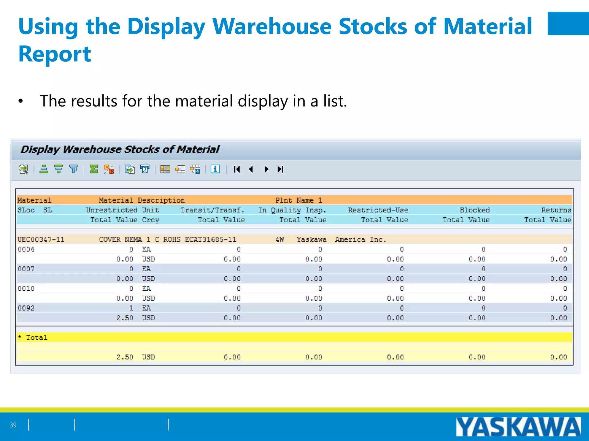 Using the Display Warehouse Stocks of Material
Report
• The results for the material display in a list.
39
 
