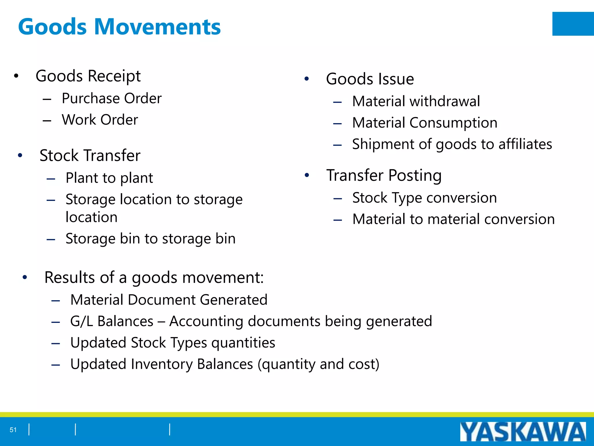Goods Movements
• Goods Receipt
– Purchase Order
– Work Order
• Goods Issue
– Material withdrawal
– Material Consumption
– Shipment of goods to affiliates
• Transfer Posting
– Stock Type conversion
– Material to material conversion
• Stock Transfer
– Plant to plant
– Storage location to storage
location
– Storage bin to storage bin
• Results of a goods movement:
– Material Document Generated
– G/L Balances – Accounting documents being generated
– Updated Stock Types quantities
– Updated Inventory Balances (quantity and cost)
51
 