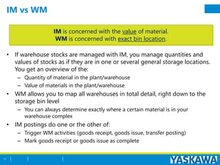 IM vs WM
• If warehouse stocks are managed with IM, you manage quantities and
values of stocks as if they are in one or several general storage locations.
You get an overview of the:
– Quantity of material in the plant/warehouse
– Value of materials in the plant/warehouse
• WM allows you to map all warehouses in total detail, right down to the
storage bin level
– You can always determine exactly where a certain material is in your
warehouse complex
• IM postings do one or the other of:
– Trigger WM activities (goods receipt, goods issue, transfer posting)
– Mark goods receipt or goods issue as complete
IM is concerned with the value of material.
WM is concerned with exact bin location.
11
 