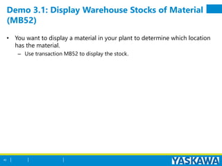 Demo 3.1: Display Warehouse Stocks of Material
(MB52)
• You want to display a material in your plant to determine which location
has the material.
– Use transaction MB52 to display the stock.
40
 
