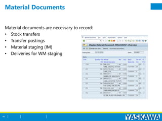 Material Documents
Material documents are necessary to record:
• Stock transfers
• Transfer postings
• Material staging (IM)
• Deliveries for WM staging
44
 