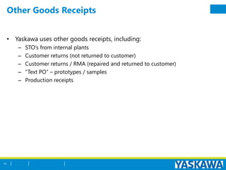 Other Goods Receipts
• Yaskawa uses other goods receipts, including:
– STO’s from internal plants
– Customer returns (not returned to customer)
– Customer returns / RMA (repaired and returned to customer)
– “Text PO” – prototypes / samples
– Production receipts
55
 
