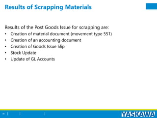 Results of Scrapping Materials
Results of the Post Goods Issue for scrapping are:
• Creation of material document (movement type 551)
• Creation of an accounting document
• Creation of Goods Issue Slip
• Stock Update
• Update of GL Accounts
58
 