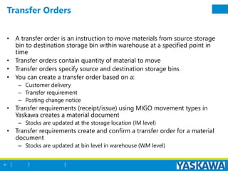 Transfer Orders
• A transfer order is an instruction to move materials from source storage
bin to destination storage bin within warehouse at a specified point in
time
• Transfer orders contain quantity of material to move
• Transfer orders specify source and destination storage bins
• You can create a transfer order based on a:
– Customer delivery
– Transfer requirement
– Posting change notice
• Transfer requirements (receipt/issue) using MIGO movement types in
Yaskawa creates a material document
– Stocks are updated at the storage location (IM level)
• Transfer requirements create and confirm a transfer order for a material
document
– Stocks are updated at bin level in warehouse (WM level)
67
 
