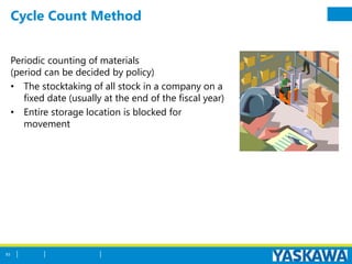 Cycle Count Method
Periodic counting of materials
(period can be decided by policy)
• The stocktaking of all stock in a company on a
fixed date (usually at the end of the fiscal year)
• Entire storage location is blocked for
movement
93
 