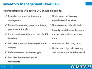 Inventory Management Overview
Having completed this course you should be able to:
 Describe key terms for inventory
management
 Define the receiving, plant, and issuing
processes at the plant
 Understand material movements for IM
locations
 Describe how stock is managed at the
IM level
 Define common movement types
 Describe the results of goods
movements
 Understand the Yaskawa
organizational structure
 Discuss master data elements
 Identify the difference between
master data and transactional
data
 Discuss stock handling tasks
 Understand physical inventory
and cycle counts for IM materials
97
 
