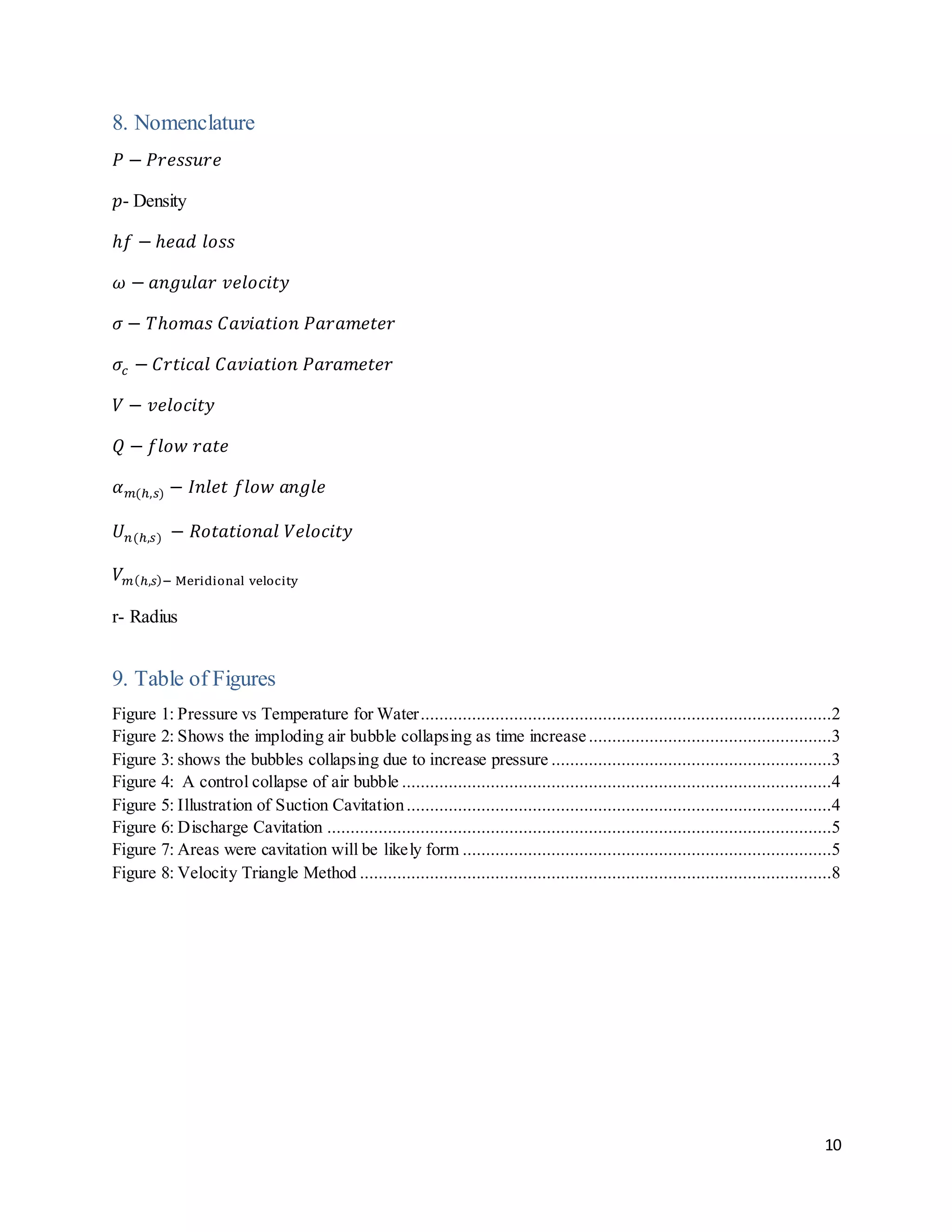 10
8. Nomenclature
𝑃 − 𝑃𝑟𝑒𝑠𝑠𝑢𝑟𝑒
𝑝- Density
ℎ𝑓 − ℎ𝑒𝑎𝑑 𝑙𝑜𝑠𝑠
𝜔 − 𝑎𝑛𝑔𝑢𝑙𝑎𝑟 𝑣𝑒𝑙𝑜𝑐𝑖𝑡𝑦
𝜎 − 𝑇ℎ𝑜𝑚𝑎𝑠 𝐶𝑎𝑣𝑖𝑎𝑡𝑖𝑜𝑛 𝑃𝑎𝑟𝑎𝑚𝑒𝑡𝑒𝑟
𝜎𝑐 − 𝐶𝑟𝑡𝑖𝑐𝑎𝑙 𝐶𝑎𝑣𝑖𝑎𝑡𝑖𝑜𝑛 𝑃𝑎𝑟𝑎𝑚𝑒𝑡𝑒𝑟
𝑉 − 𝑣𝑒𝑙𝑜𝑐𝑖𝑡𝑦
𝑄 − 𝑓𝑙𝑜𝑤 𝑟𝑎𝑡𝑒
𝛼 𝑚(ℎ,𝑠) − 𝐼𝑛𝑙𝑒𝑡 𝑓𝑙𝑜𝑤 𝑎𝑛𝑔𝑙𝑒
𝑈 𝑛(ℎ,𝑠) − 𝑅𝑜𝑡𝑎𝑡𝑖𝑜𝑛𝑎𝑙 𝑉𝑒𝑙𝑜𝑐𝑖𝑡𝑦
𝑉 𝑚(ℎ,𝑠)− Meridional velocity
r- Radius
9. Table of Figures
Figure 1: Pressure vs Temperature for Water........................................................................................2
Figure 2: Shows the imploding air bubble collapsing as time increase....................................................3
Figure 3: shows the bubbles collapsing due to increase pressure ............................................................3
Figure 4: A control collapse of air bubble ............................................................................................4
Figure 5: Illustration of Suction Cavitation...........................................................................................4
Figure 6: Discharge Cavitation ............................................................................................................5
Figure 7: Areas were cavitation will be likely form ...............................................................................5
Figure 8: Velocity Triangle Method .....................................................................................................8
 