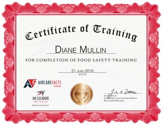 FOR COMPLETION OF FOOD SAFETY TRAINING
JOHN A. DETLOFF
VICE PRESIDENT, FLIGHT ATTENDANT SERVICES
AIR CULINAIRE WORLDWIDE
DATE
21 JUNE 2016
DIANE MULLIN
© 2016 AIR CULINAIRE WORLDWIDE, LLC.
 