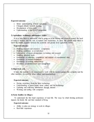 12
Expected outcome:
 Better understanding of basic agriculture
 Changed attitude towards learning
 Development of team work
 Understanding of the RAWE programme
2) Agriculture technology information centre:
It is to help them to understand what is going on in the training and research centres, the need
of today’s farmers and the role of trainers and researchers. In short, this period helps them to
know the middle segment between the academic and ground level agriculture better.
Expected outcome:
 Building research and extension competence
 Building confidence as an individual
 Information of recent advancement in training and research
 Handling practical work.
 Knowledge of collection, compilation and analysis of experimental data
 Knowledge of research techniques
 Knowledge of working methodology
 Revelation of administration and management
3) High-Tech cell:
It helps the students to be conversant to work with the modern gadgets like computer and the
other machines we need for tissue culture and biotechnology.
Expected outcome:
 Having awareness about the latest technology
 Understanding of green house, tissue culture and bio-technology
 Updating and collecting information through internet
 Working and surfing with computers
4) Farm families in villages:
To understand the first hand experience of rural life. The ways by which farming profession
impacts the family life and their standard of living.
Expected outcome:
 Ability to plan out strategy to work in villages
 Real field experience
 