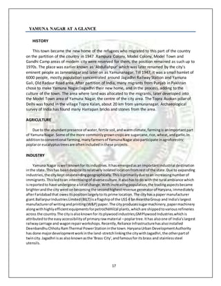 17
YYAAMMUUNNAA NNAAGGAARR AATT AA GGLLAANNCCEE
HISTORY
This town became the new home of the refugees who migrated to this part of the country
on the partition of the country in 1947 .Rampura Colony, Model Colony, Model Town and
Gandhi Camp areas of modern city were reserved for them, the position remained as such up to
1970s. The place was earlier known as 'Abdullahpur' which was later renamed by the city's
eminent people as Jamnanagar and later on as Yamunanagar. Till 1947, it was a small hamlet of
6000 people, mostly population concentrated around Jagadhri Railway Station and Yamuna
Gali, Old Radaur Road area. After partition of India, many migrants from Punjab in Pakistan
chose to make Yamuna Nagar/Jagadhri their new home, and in the process. adding to the
culture of the town. The area where land was allocated to the migrants, later developed into
the Model Town area of Yamuna Nagar, the centre of the city area. The Topra Asokan pillar of
Delhi was found in the village Topra Kalan, about 20 km from yamunanagar. Archaeological
survey of India has found many Harrapan bricks and stones from the area.
AGRICULTURE
Due to the abundantpresence of water,fertile soil,andwarmclimate,farmingis animportantpart
of YamunaNagar. Some of the more commonlygrowncropsare sugarcane,rice,wheat,andgarlic.In
additiontoconventional farming,manyfarmersof YamunaNagaralsoparticipate inagroforestry;
poplaror eucalyptustreesare oftenincludedinthese projects.
INDUSTRY
Yamuna Nagar iswell knownforitsindustries.Ithasemergedasan importantindustrial destination
inthe state.Thishas beendespiteitsrelativelyisolatedlocationfromrestof the state.Due to expanding
industries, the citykeptonextendinggeographically.Thisisprimarilydue toan increasingnumberof
immigrants.Thisledtoan intermixingof diverse culture.Italsohasto do withthe rural ambiance which
isreportedto have undergone alotof change.With increasingpopulation,the tradingaspectsbecame
brighterandthe city wentonbecomingthe secondhighestrevenue generatorof Haryana,immediately
afterFaridabadthat owesitspositionlargelytoitsprime location.The cityhasa paper manufacturer
giant.BallarpurIndustriesLimited(BILT) isaflagshipof the US$ 4 bnAvanthaGroup and India'slargest
manufacturerof writingandprinting(W&P) paper.The cityproducessugarmachinery,papermachinery
alongwithhighlyefficientequipmentsforpetrochemical plants,whichare shippedtovariousrefineries
across the country.The cityisalsoknownfor itsplywoodindustries,GMPlywoodIndustries.whichis
attributedtothe easyaccessibilityof primaryraw material –poplartree.Ithas alsoone of India'slargest
railwaycarriage and wagonrepairworkshops.Recently,Reliance Infrastructurehasalsoinstalled
DeenbandhuChhotuRamThermal PowerStationinthe town.HaryanaUrban DevelopmentAuthority
has done majordevelopmentworkinthe land-stretchlinkingthe citywithJagadhri,the otherpartof
twincity.Jagadhri isas also knownasthe 'Brass City',andfamousfor itsbrass and stainlesssteel
utensils.
 