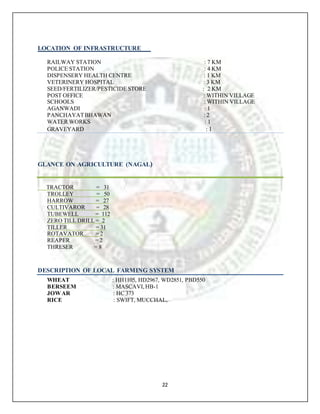 22
LOCATION OF INFRASTRUCTURE
RAILWAY STATION : 7 KM
POLICE STATION : 4 KM
DISPENSERY HEALTH CENTRE : 1 KM
VETERINERY HOSPITAL : 3 KM
SEED/FERTILIZER/PESTICIDE STORE : 2 KM
POST OFFICE : WITHIN VILLAGE
SCHOOLS : WITHIN VILLAGE
AGANWADI : 1
PANCHAYATBHAWAN : 2
WATER WORKS : 1
GRAVEYARD : 1
GLANCE ON AGRICULTURE (NAGAL)
TRACTOR = 31
TROLLEY = 50
HARROW = 27
CULTIVAROR = 28
TUBEWELL = 112
ZERO TILL DRILL = 2
TILLER = 31
ROTAVATOR = 2
REAPER = 2
THRESER = 8
DESCRIPTION OF LOCAL FARMING SYSTEM
WHEAT : HH1105, HD2967, WD2851, PBD550
BERSEEM : MASCAVI,HB-1
JOWAR : HC 373
RICE : SWIFT, MUCCHAL,
 